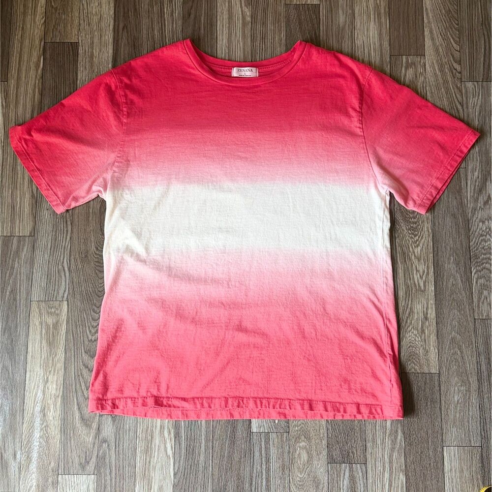 ZENANA Ombre Dip Dye Short Sleeve Tee Shirt Red White Size Large L Casual